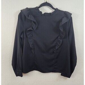 Womens Size Small Black Long Sleeve Ruffle Trim High Neck Frill Blouse